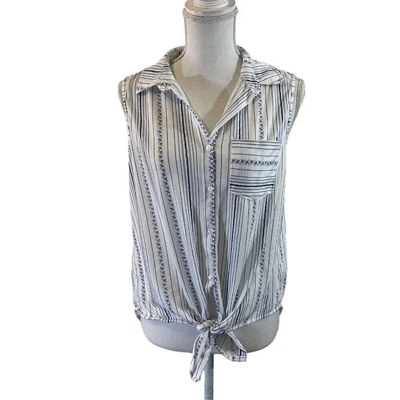 Eden & Olivia Striped Button Up Tank Top Medium Front Hem Tie Collared Pocket - Picture 1 of 10